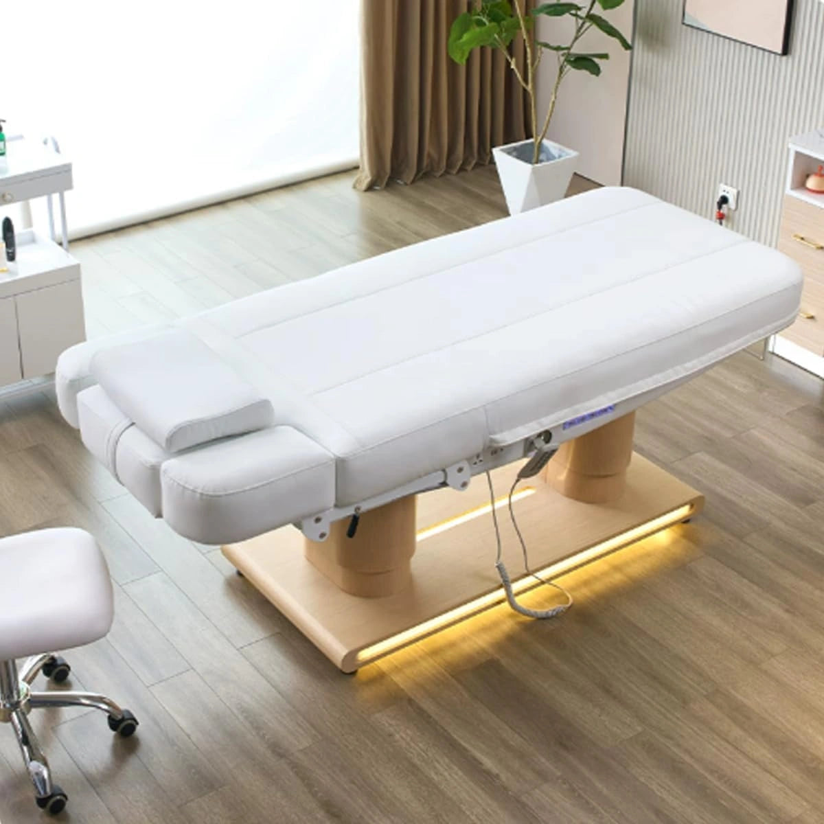 Electric White Massage Table with Warm Light Trim Spa Beauty Bed LAM-813