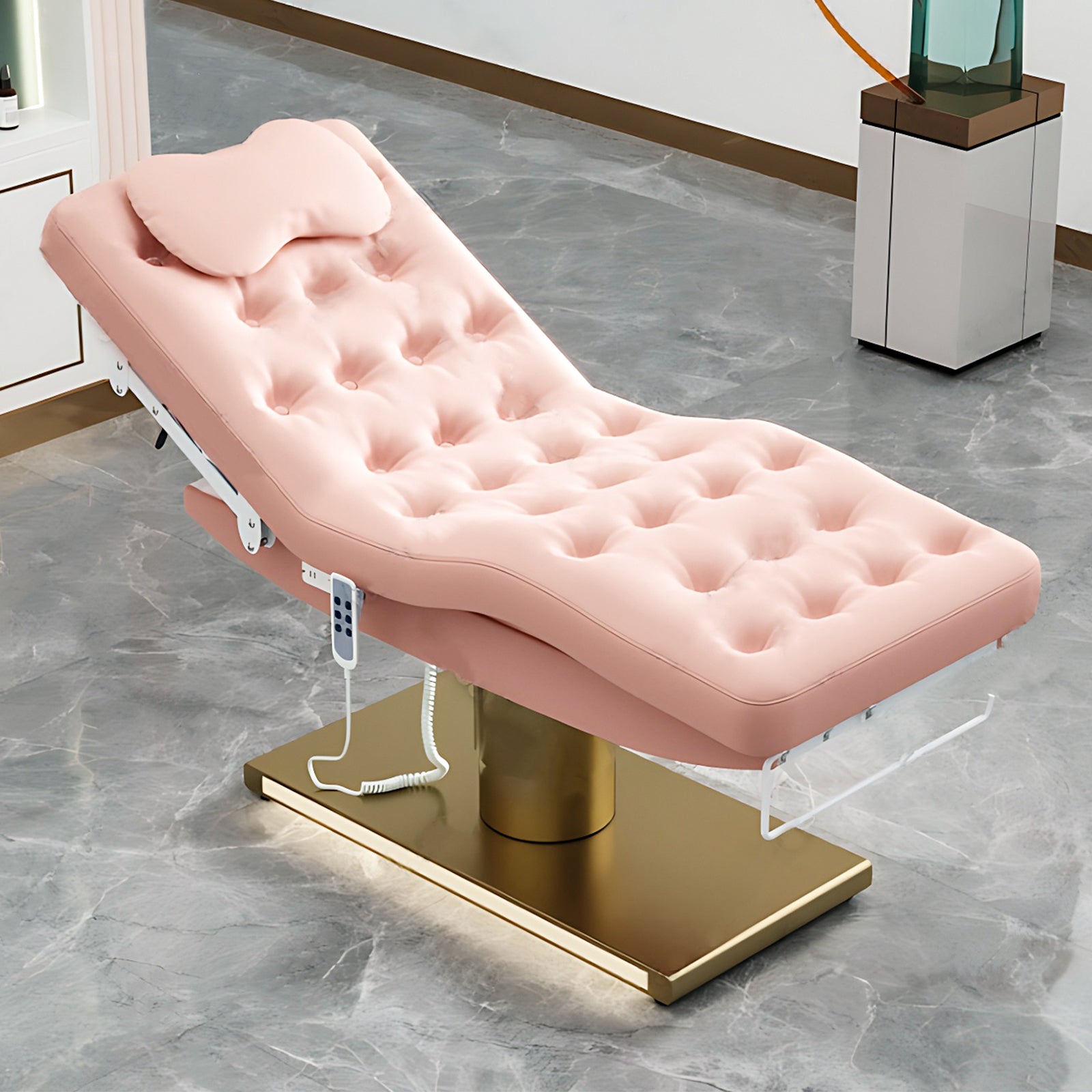 Electric Massage Table with Pink Luxury Design Spa Beauty Treatment Table with One-Button Lift& Chair Set Towel Racks