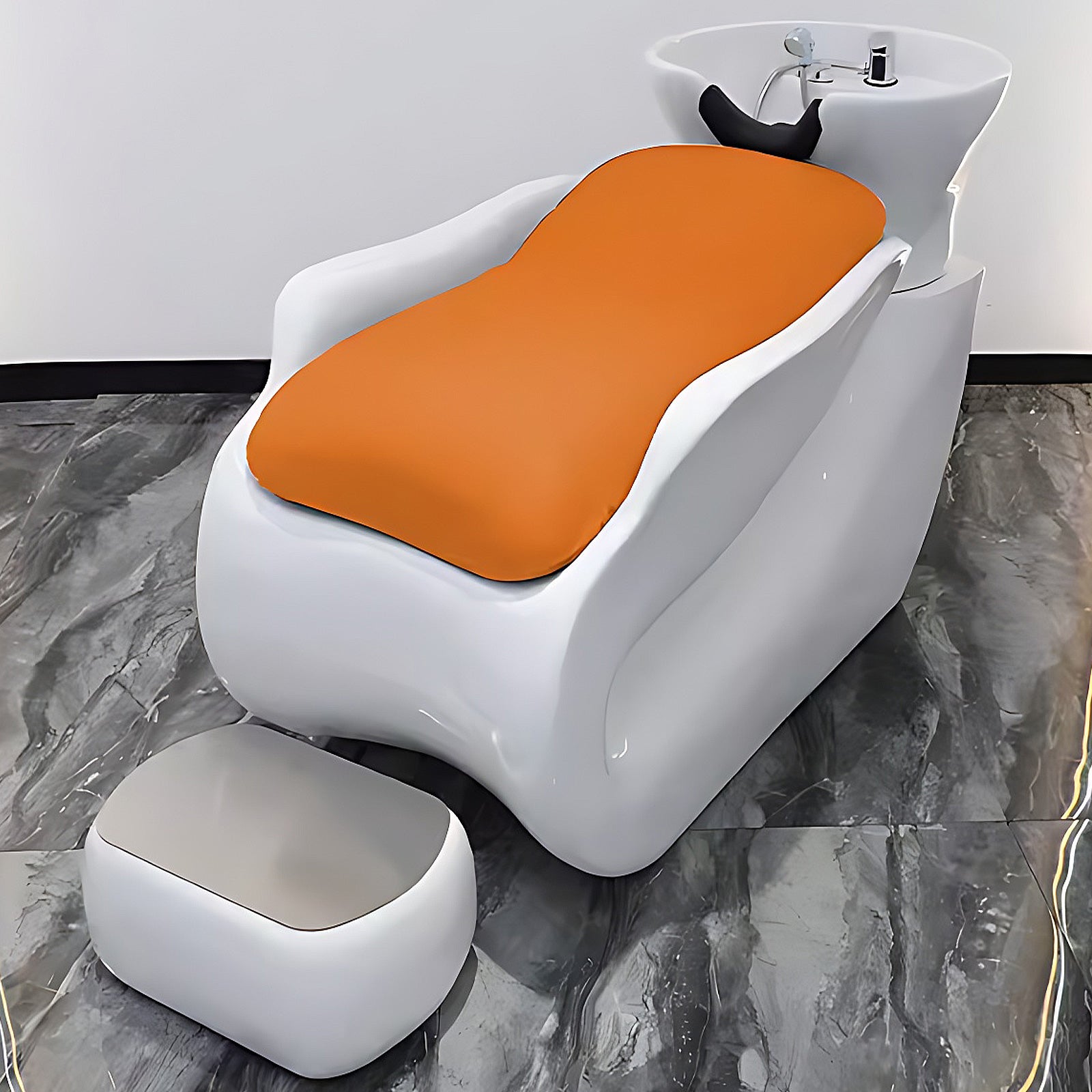 Orange Leather Salon Shampoo Bed Minimalist Design with Basin and Pedal