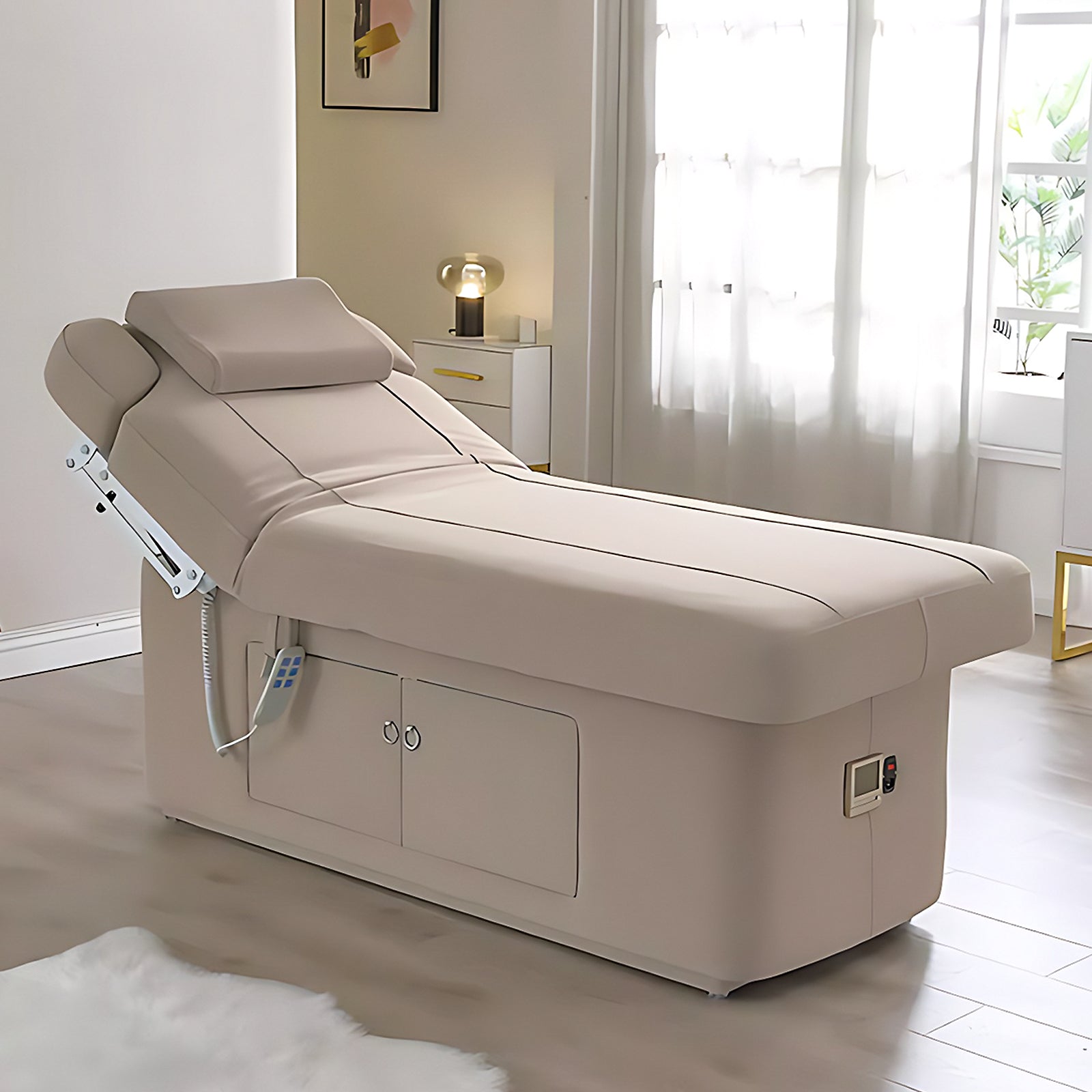 Electric Adjustable Beauty Massage Table with Heating Function and Storage Cabinets