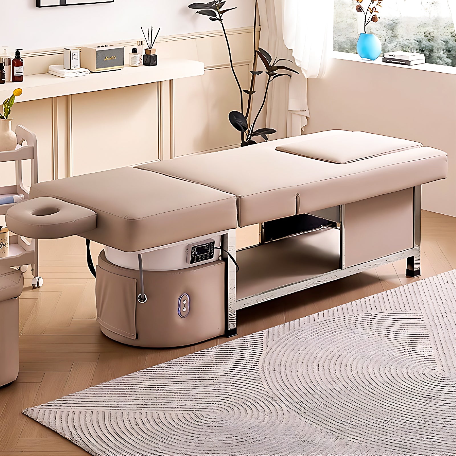 Hair Spa Bed with Foot Spa Function Includes Backrest Lifting Ample Storage Space Caramel Brown Minimalist Style