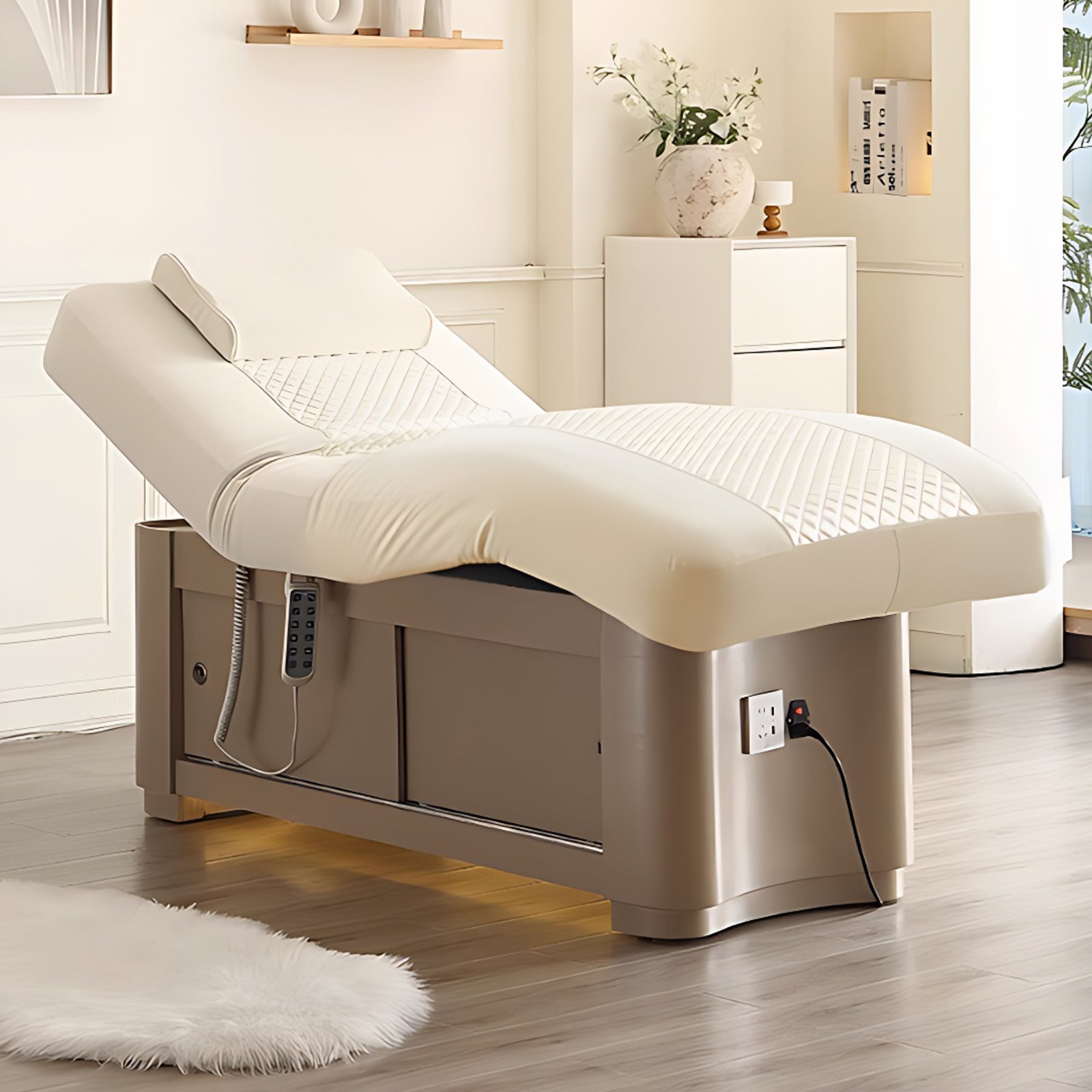 Beige Minimalist Style Spa Facial Treatment Bed Includes Multifunctional Adjustment USB Socket and Cabinets