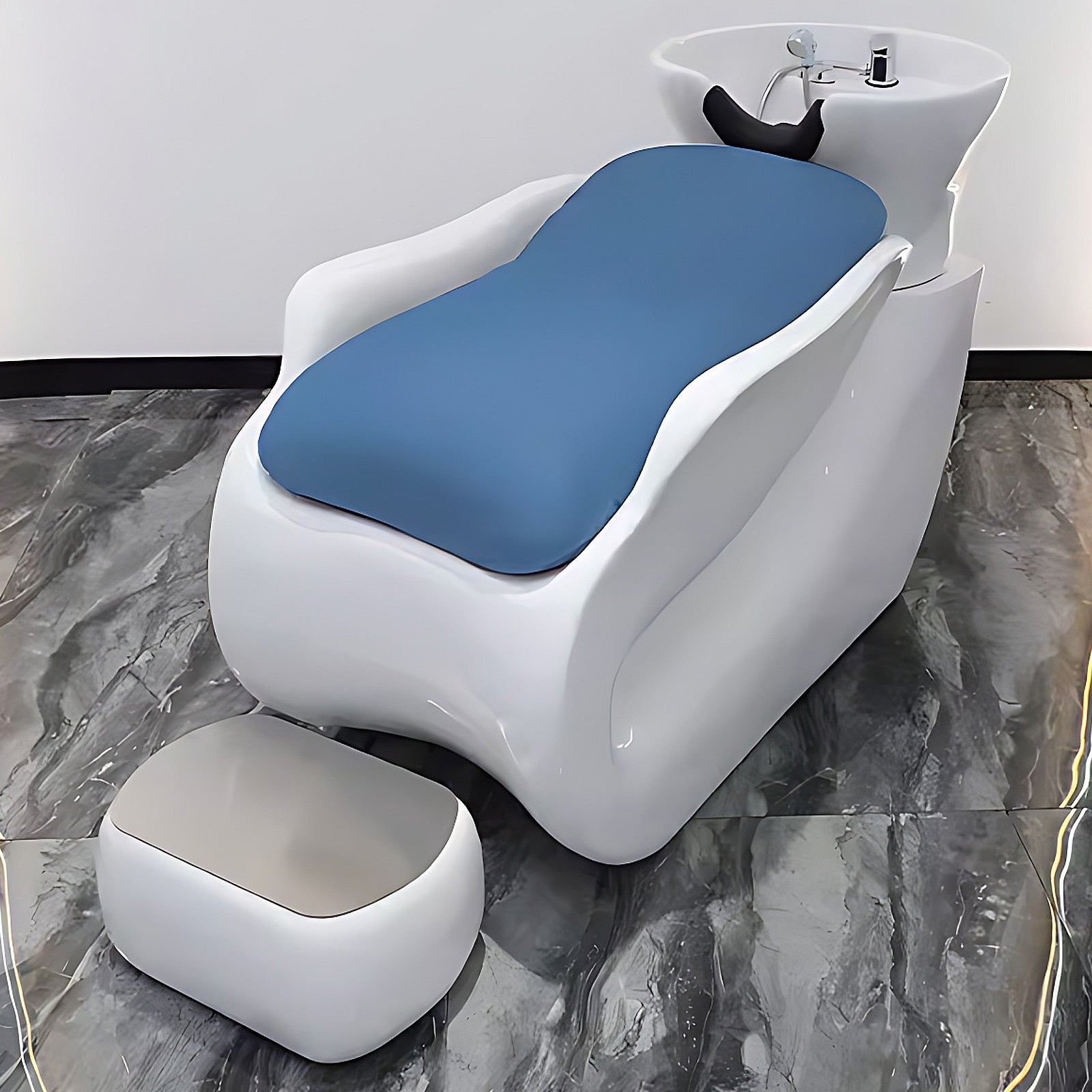 Shampoo Bed with Basin and Pedal Minimalist Design White and Blue