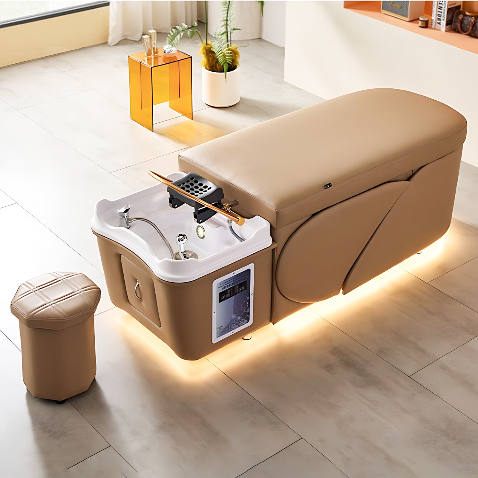 Massage Table with Brown Design Head Spa Equipment & Spa Bed Includes Water Cycle Heater and Storage Space