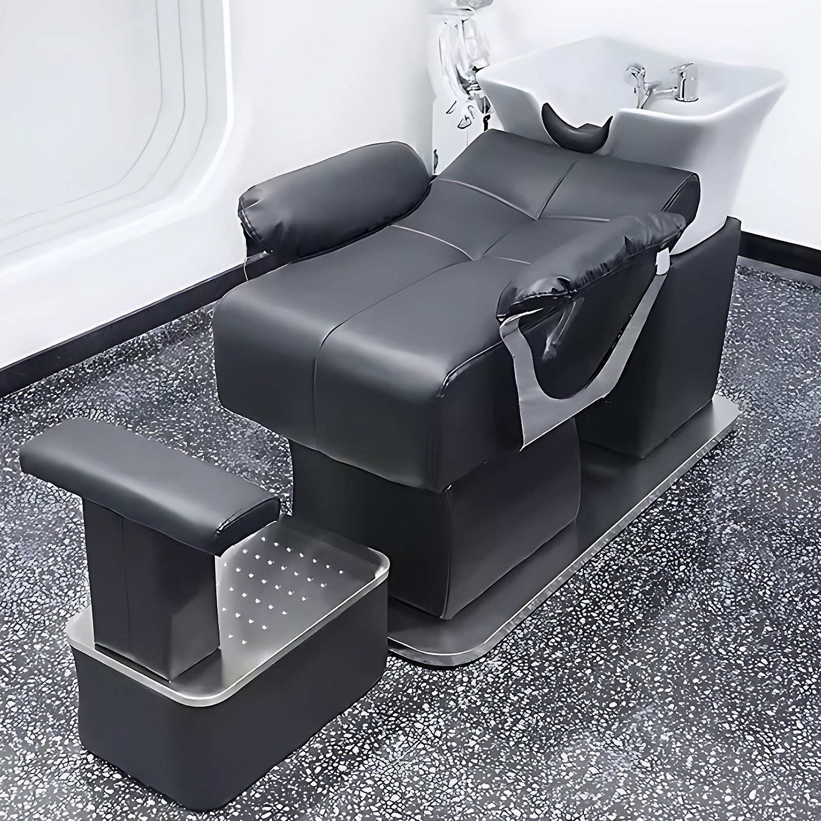 Hairdressing Salon Shampoo Bed with Ceramic Basin and Foot Pedal High Quality Leather