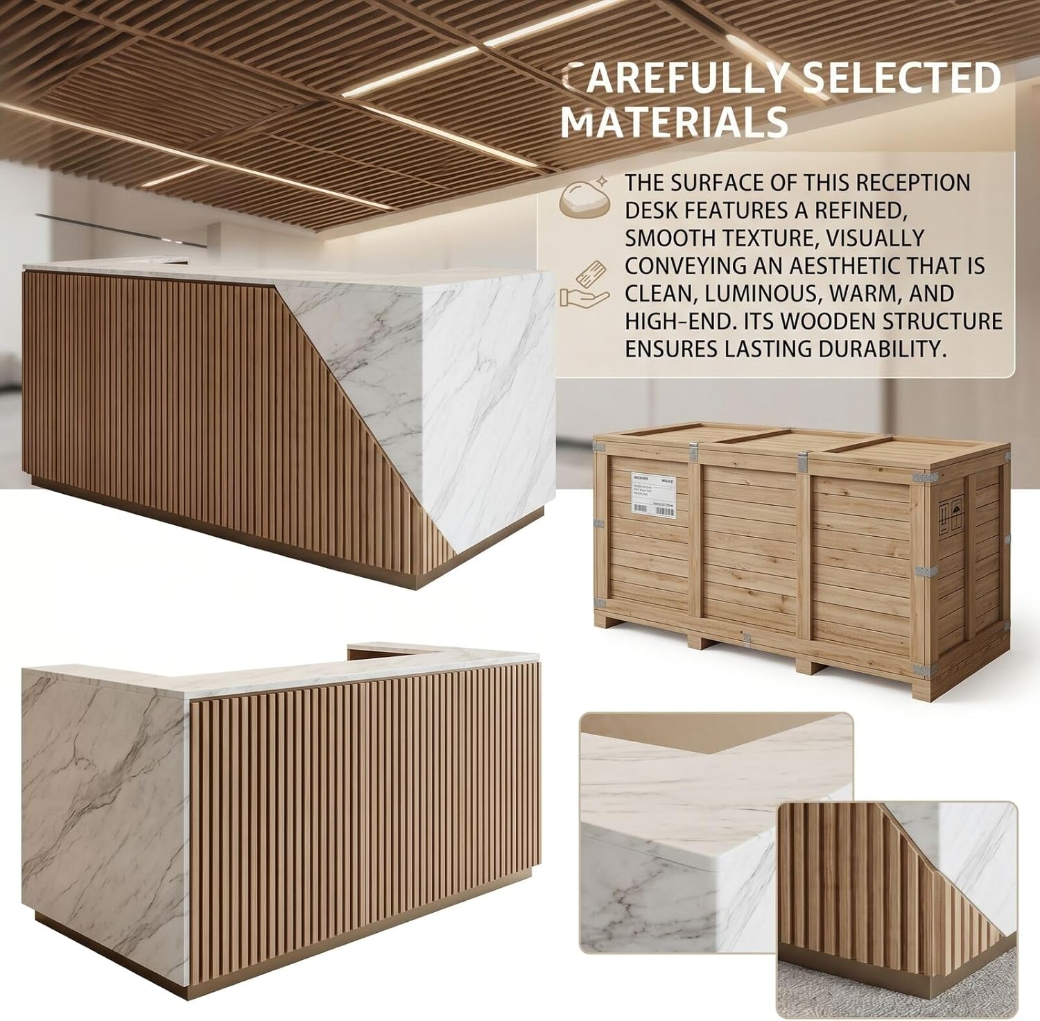 48''-96'' Modern Reception Desk with Marble Slab &Vertical Wood Slats