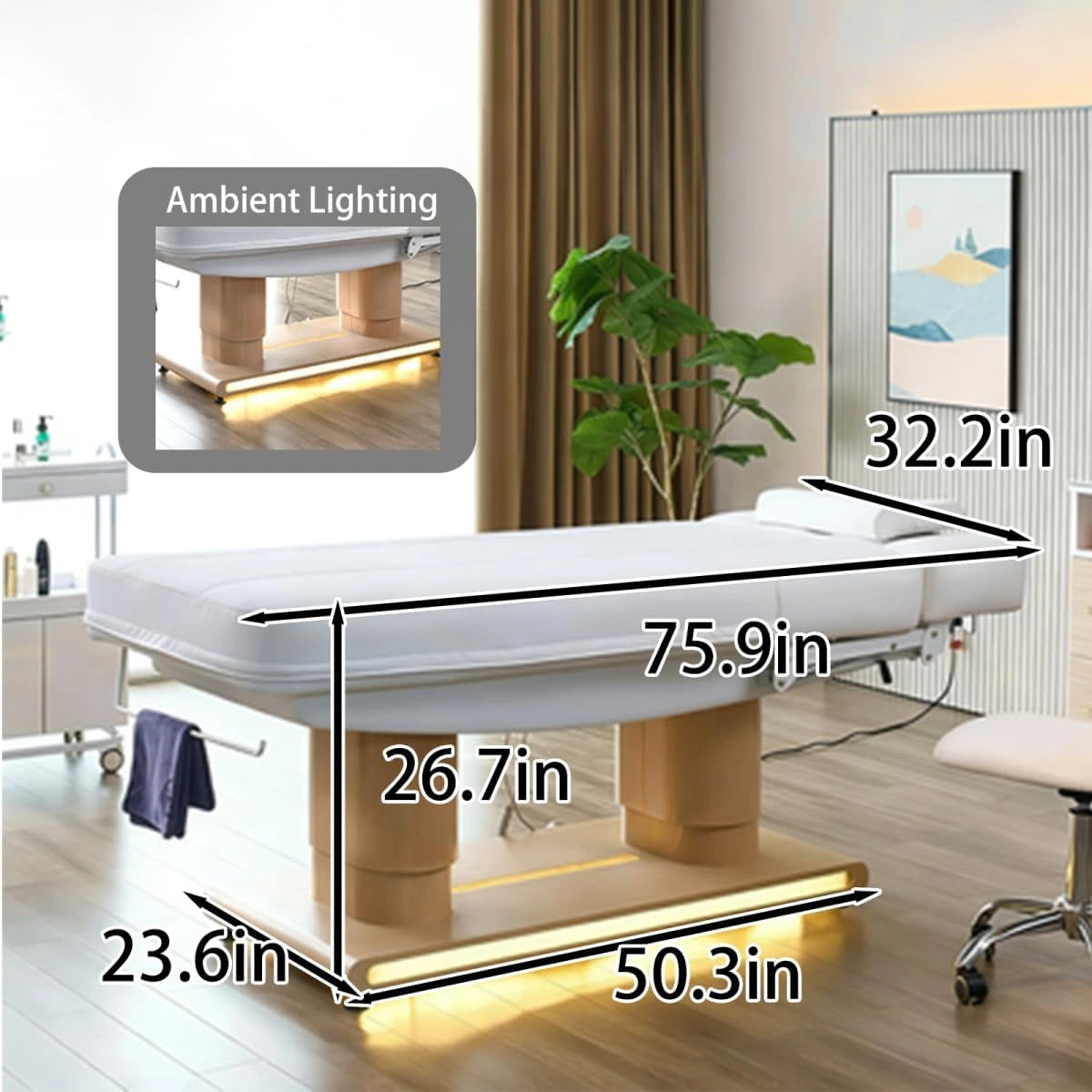 Electric White Massage Table with Warm Light Trim Spa Beauty Bed LAM-813
