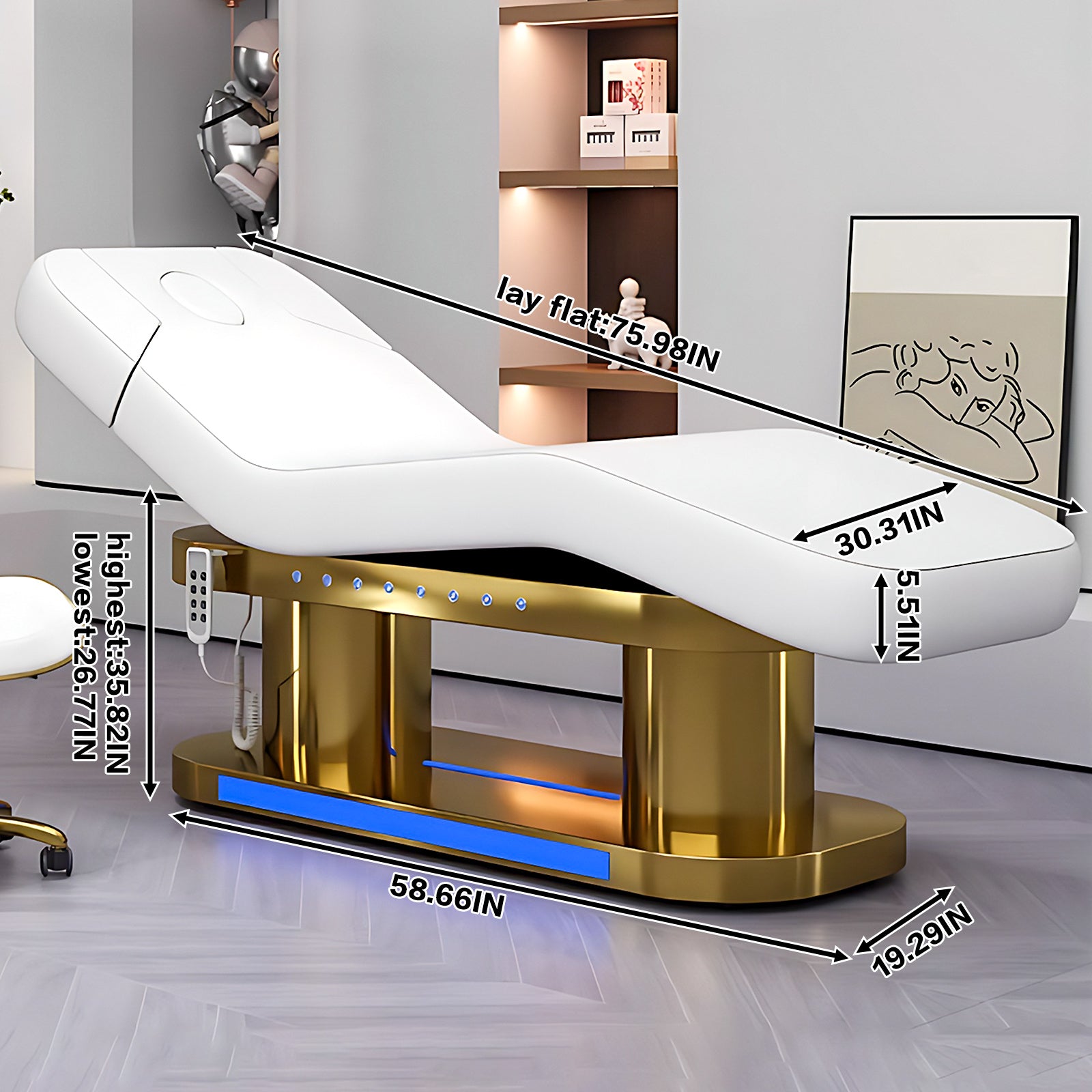 Electric Massage Table with Golden Double Column Lighting Base Facial & SPA Bed Includes Adjustable Height and Angle Heating Function