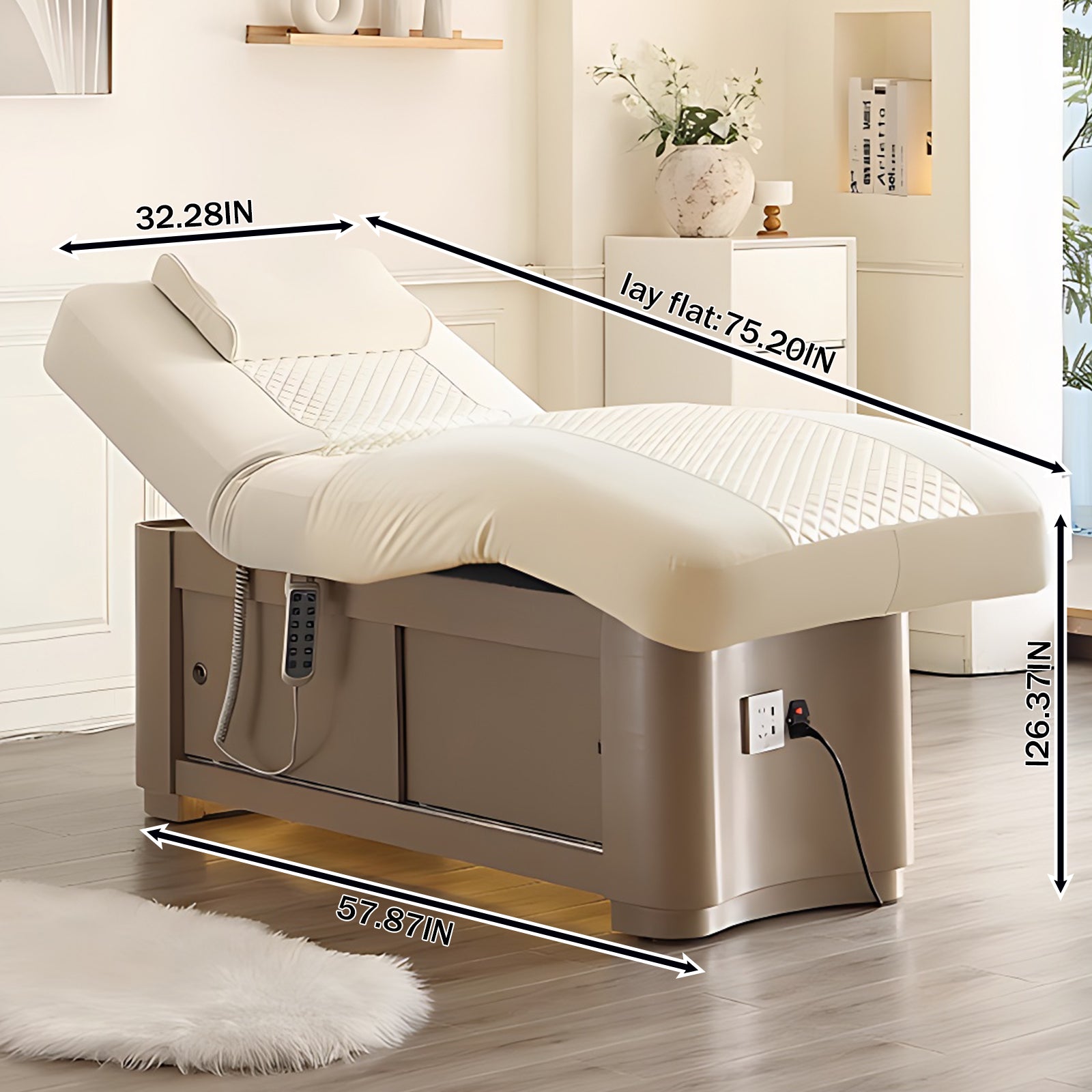 Beige Minimalist Style Spa Facial Treatment Bed Includes Multifunctional Adjustment USB Socket and Cabinets