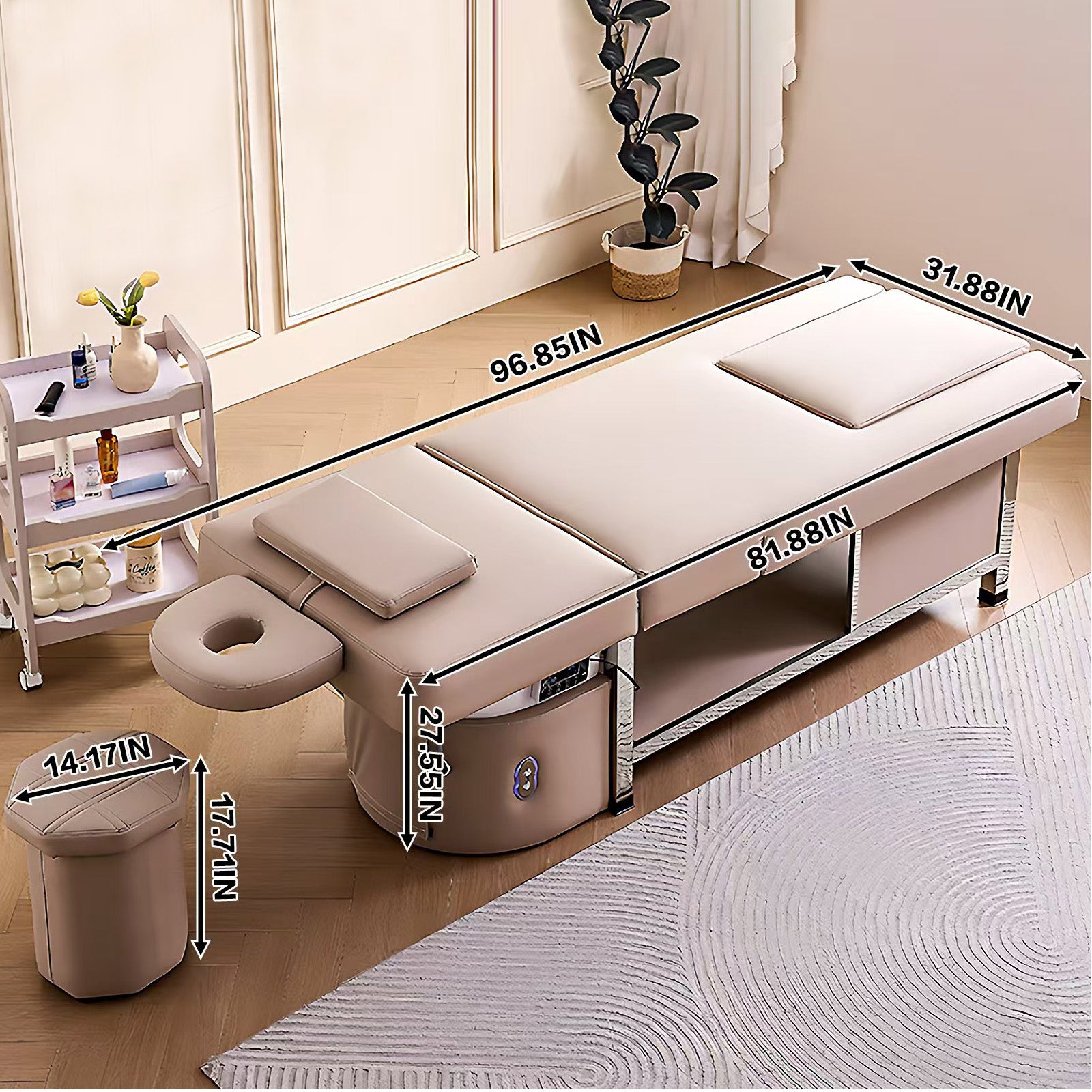 Hair Spa Bed with Foot Spa Function Includes Backrest Lifting Ample Storage Space Caramel Brown Minimalist Style