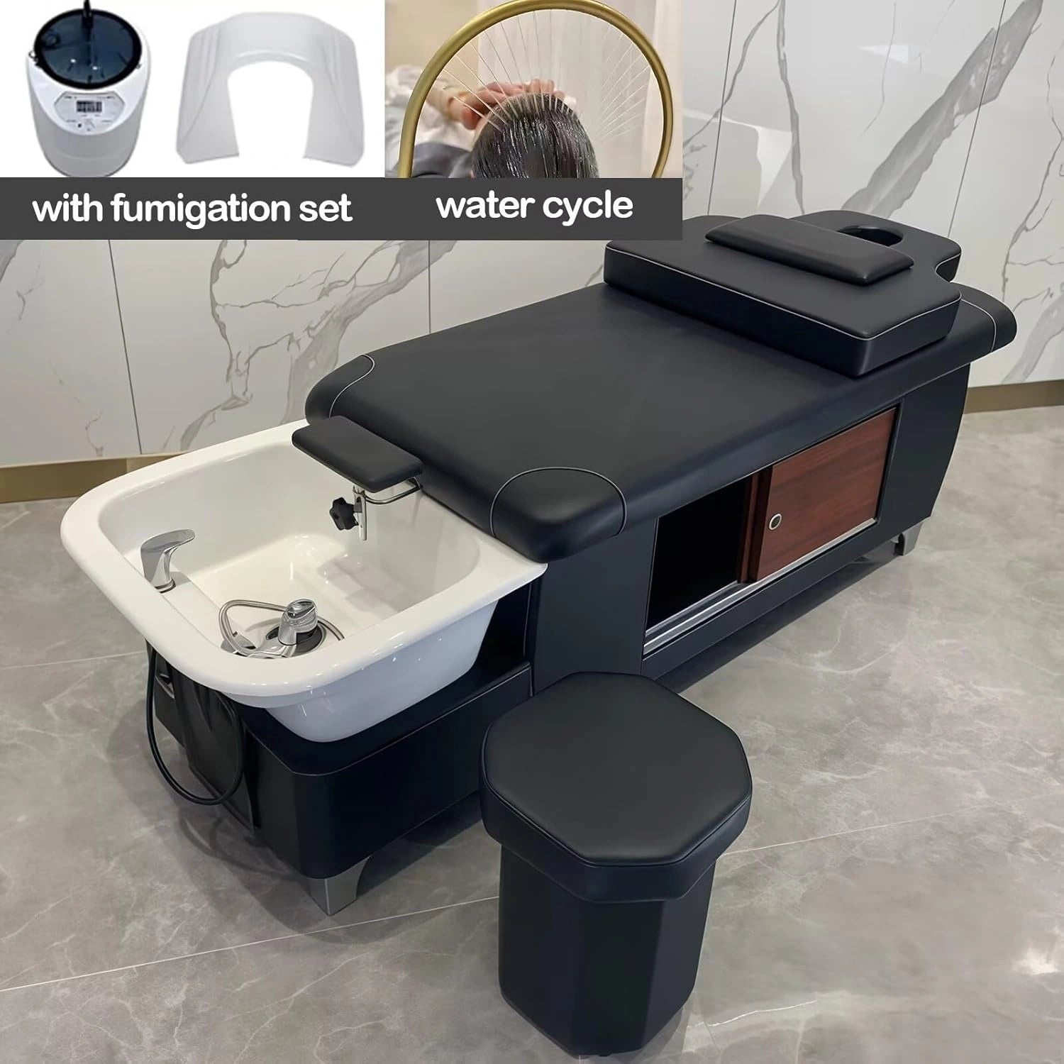 Head SPA Shampoo Bed Black and Dark Wood Tone LXT1079