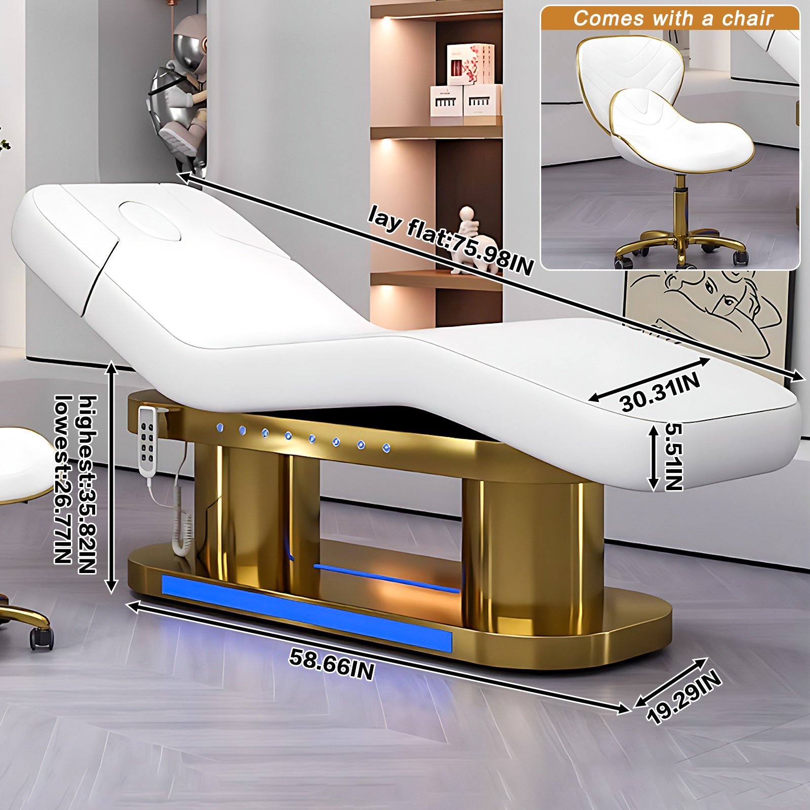 Electric Massage Table with Golden Double Column Lighting Base Facial & SPA Bed Includes Adjustable Height and Angle Heating Function