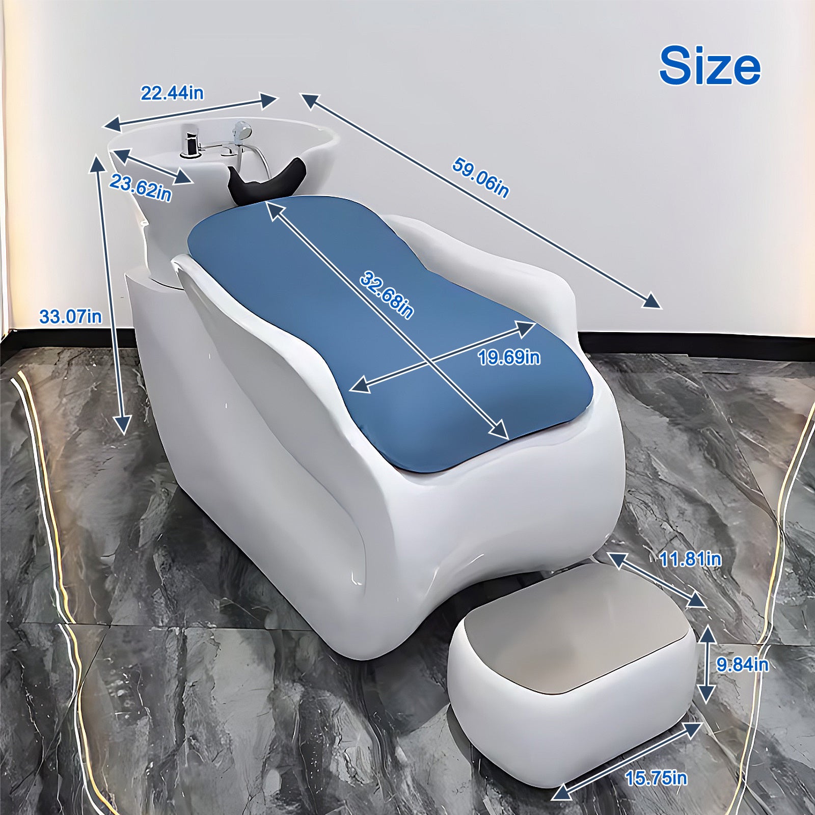 Shampoo Bed with Basin and Pedal Minimalist Design White and Blue