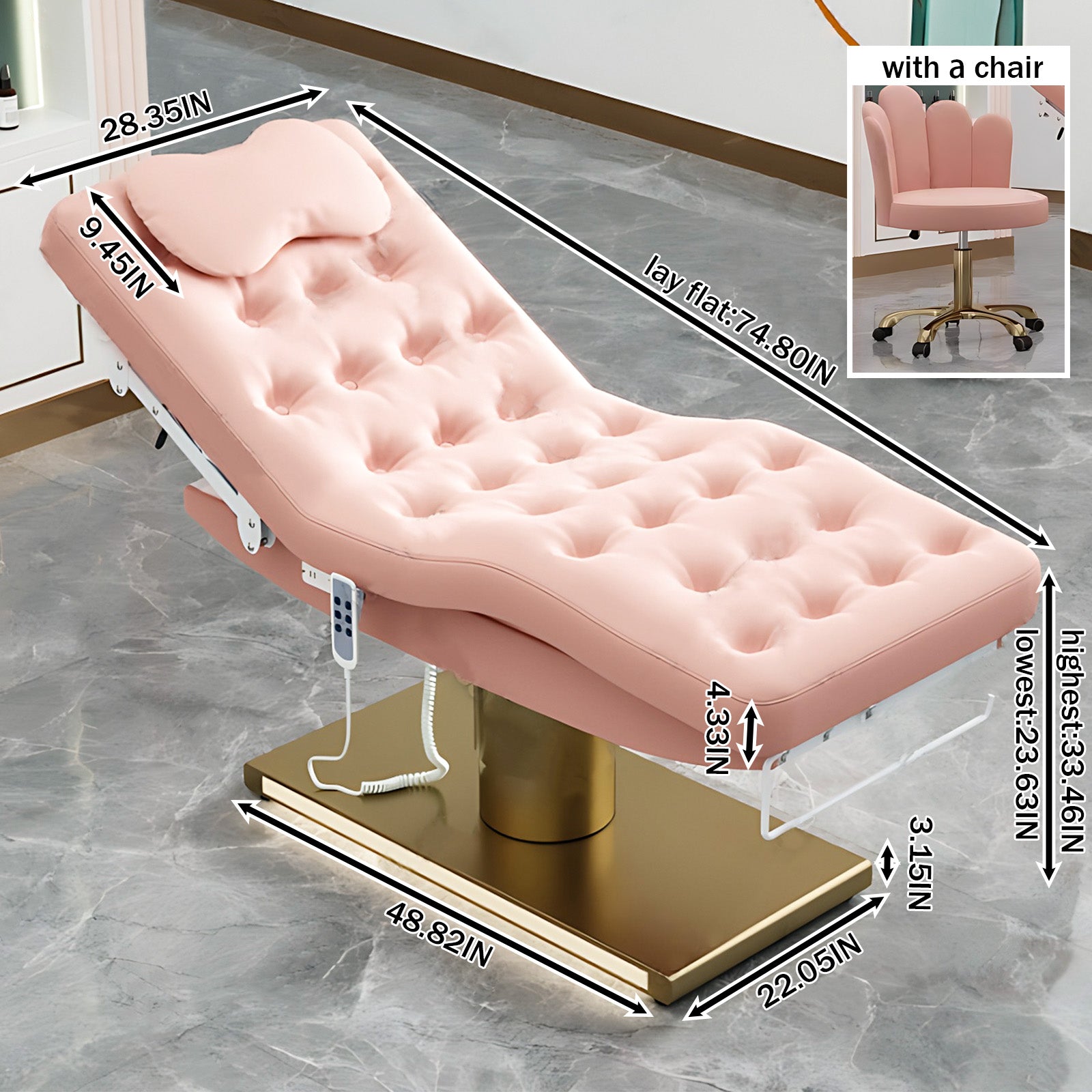 Electric Massage Table with Pink Luxury Design Spa Beauty Treatment Table with One-Button Lift& Chair Set Towel Racks