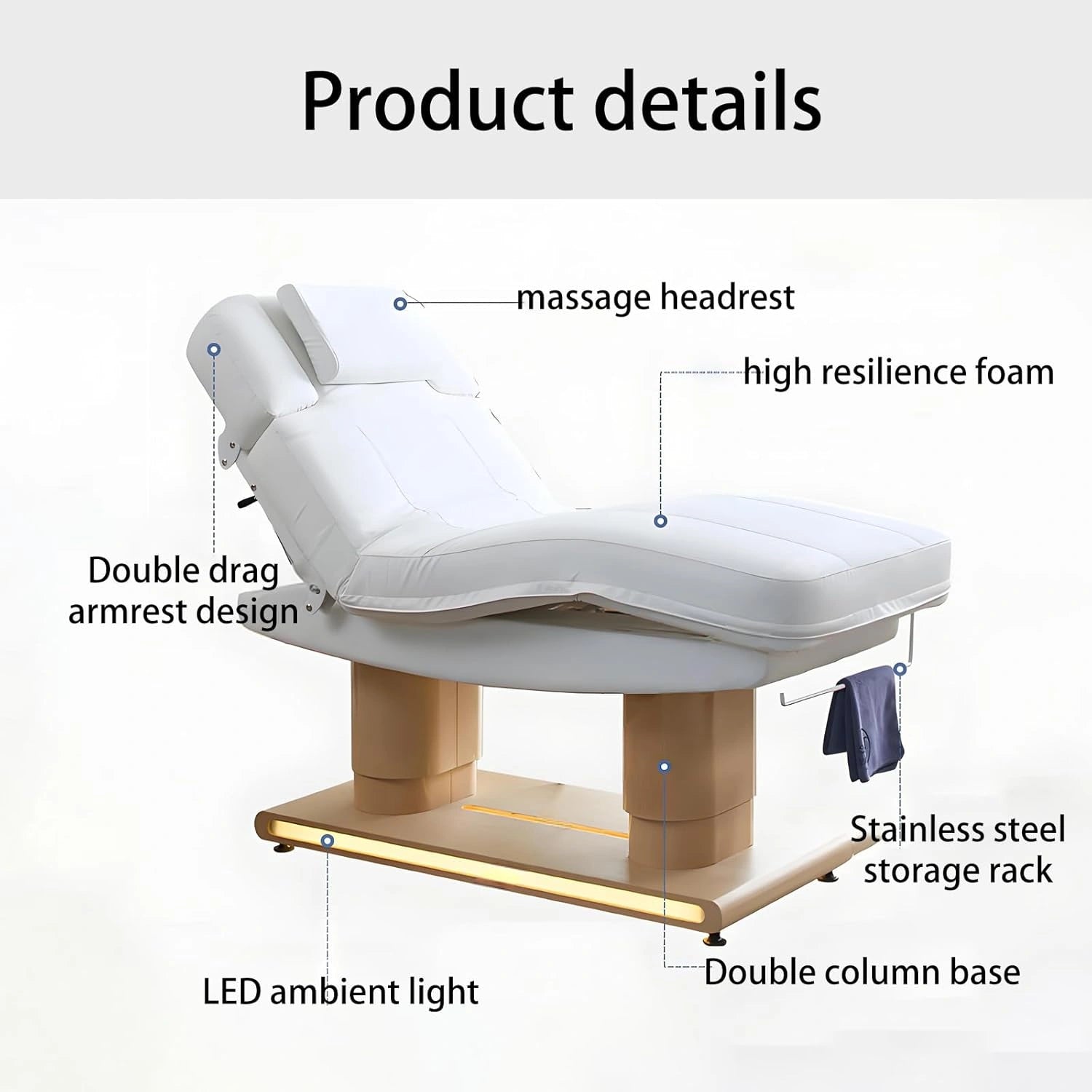 Electric White Massage Table with Warm Light Trim Spa Beauty Bed LAM-813