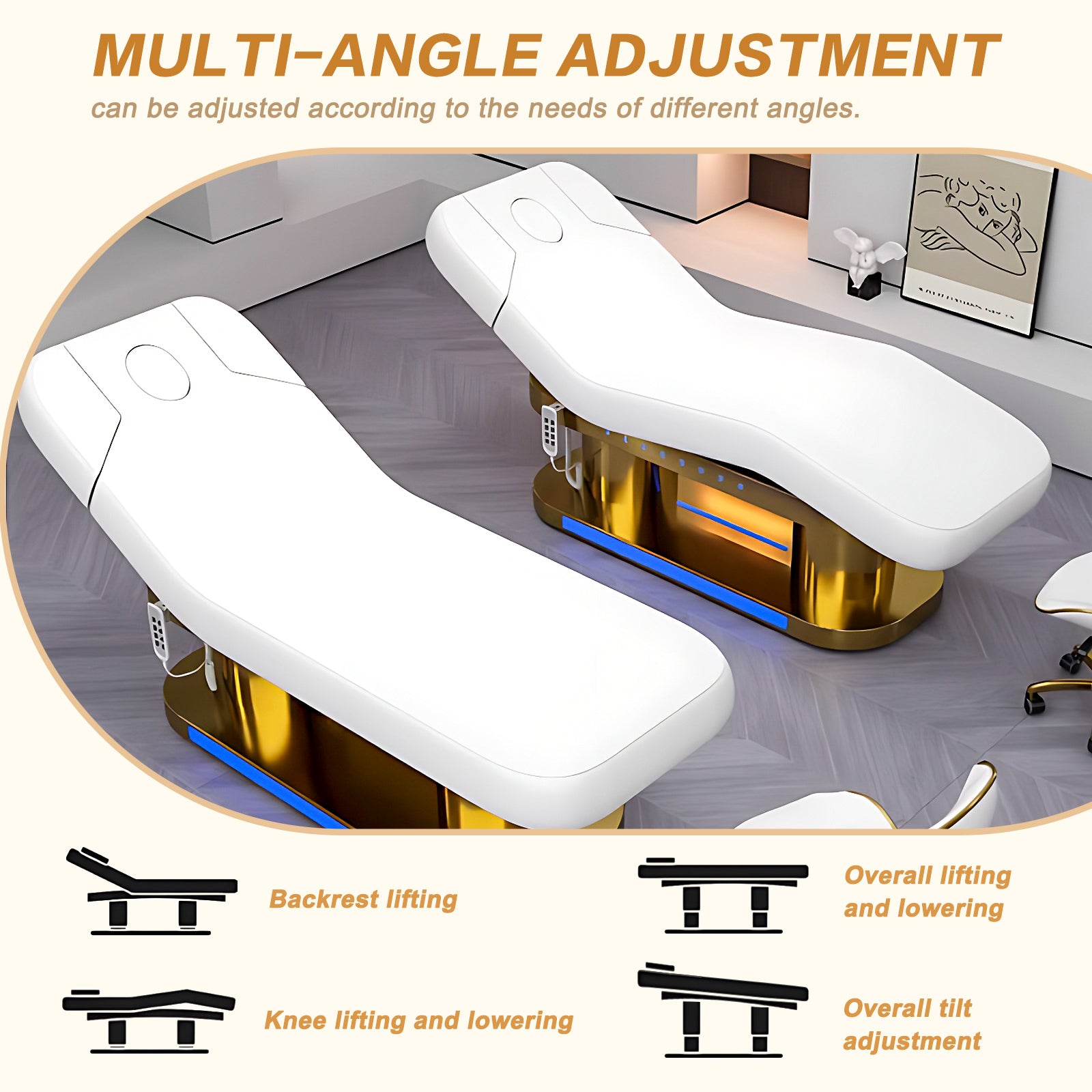 Electric Massage Table with Golden Double Column Lighting Base Facial & SPA Bed Includes Adjustable Height and Angle Heating Function