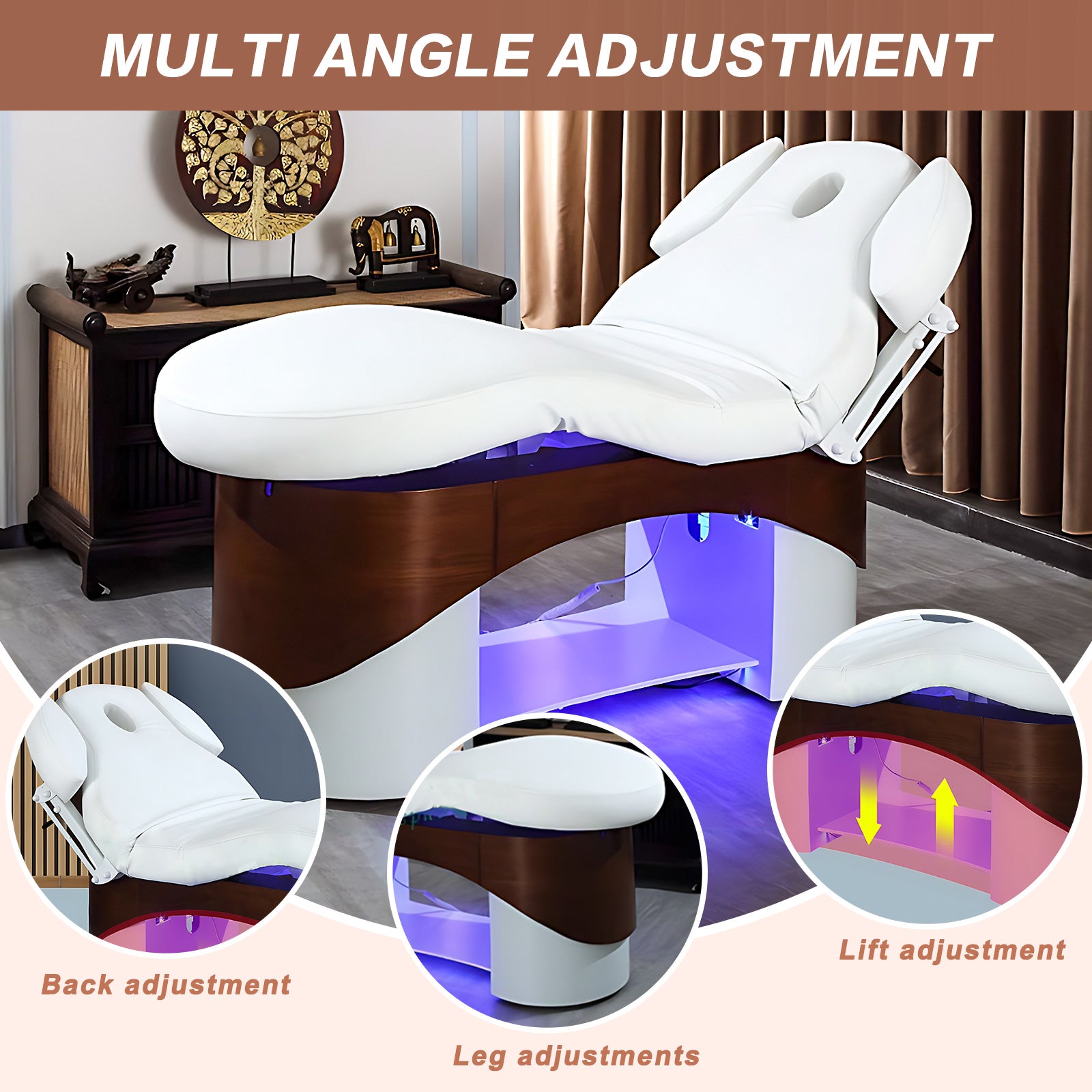 Electric Multi-angle Adjustment Massage Table with White Minimalist Design and LED Light