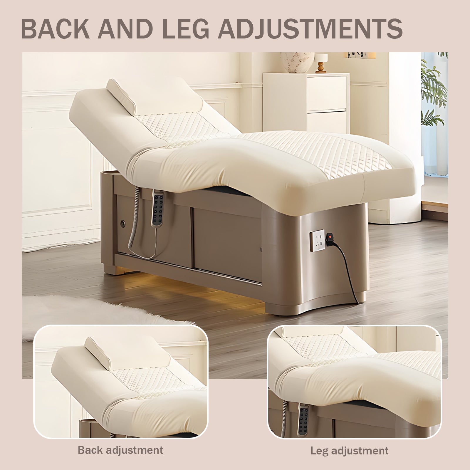 Beige Minimalist Style Spa Facial Treatment Bed Includes Multifunctional Adjustment USB Socket and Cabinets