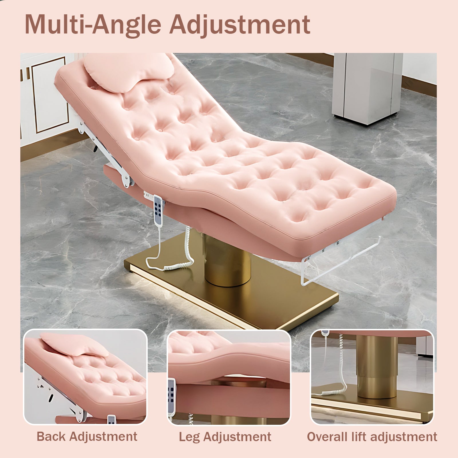 Electric Massage Table with Pink Luxury Design Spa Beauty Treatment Table with One-Button Lift& Chair Set Towel Racks