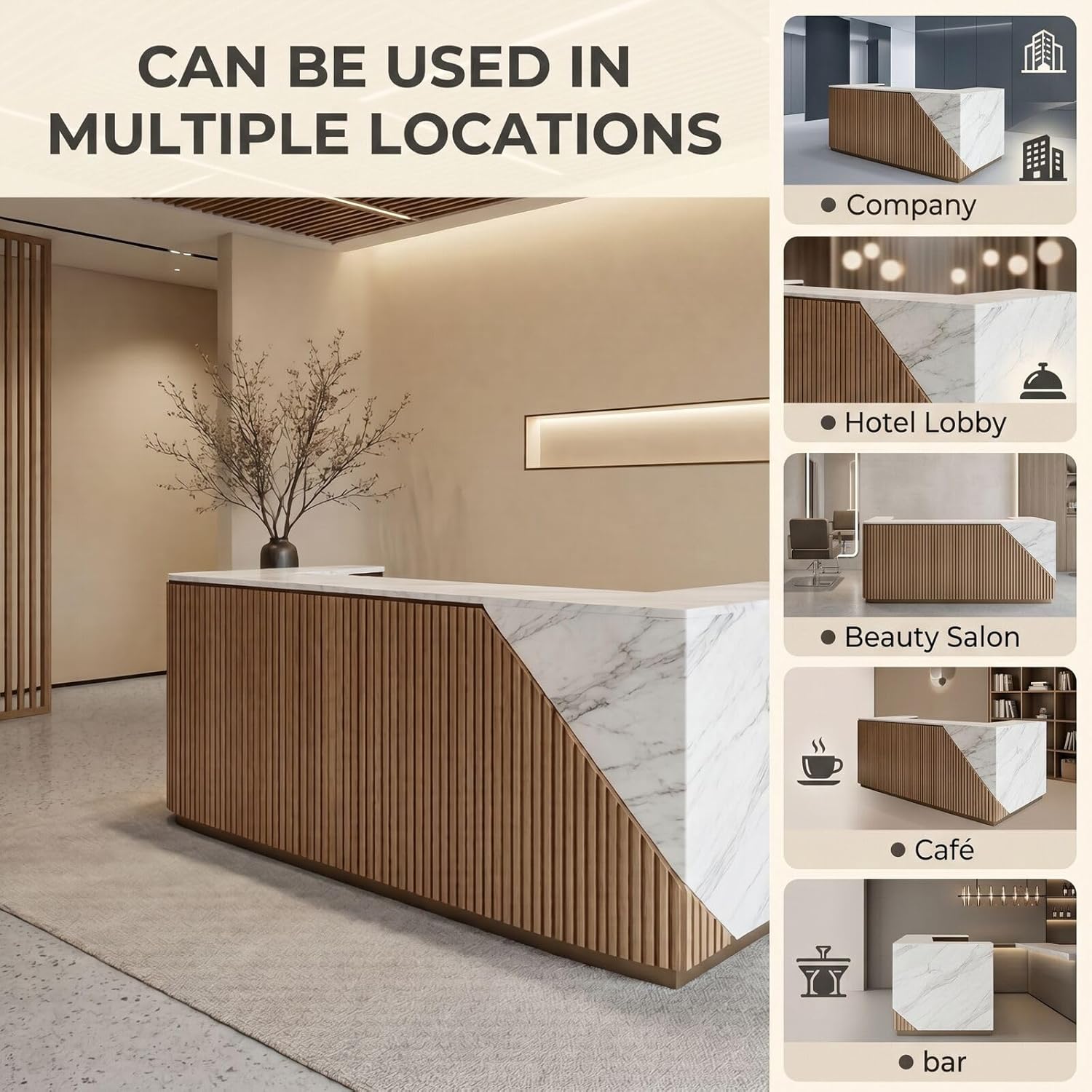 48''-96'' Modern Reception Desk with Marble Slab &Vertical Wood Slats