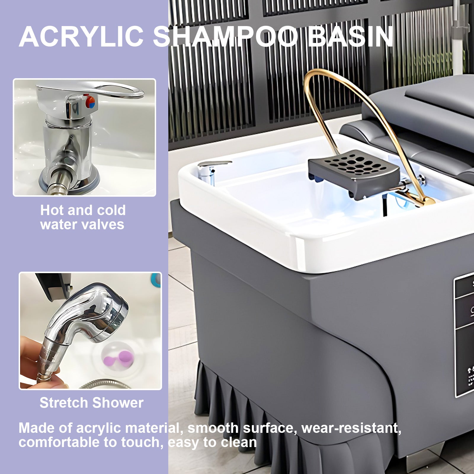 Hair Spa Salon Shampoo Bed with Storage Chic Gray Plaid Water Cycle System Fumigation