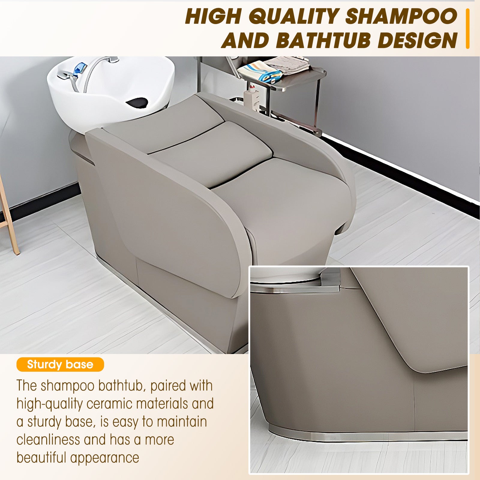 Comfortable Leather Shampoo Bed with Floor Mats and Ceramic Basin