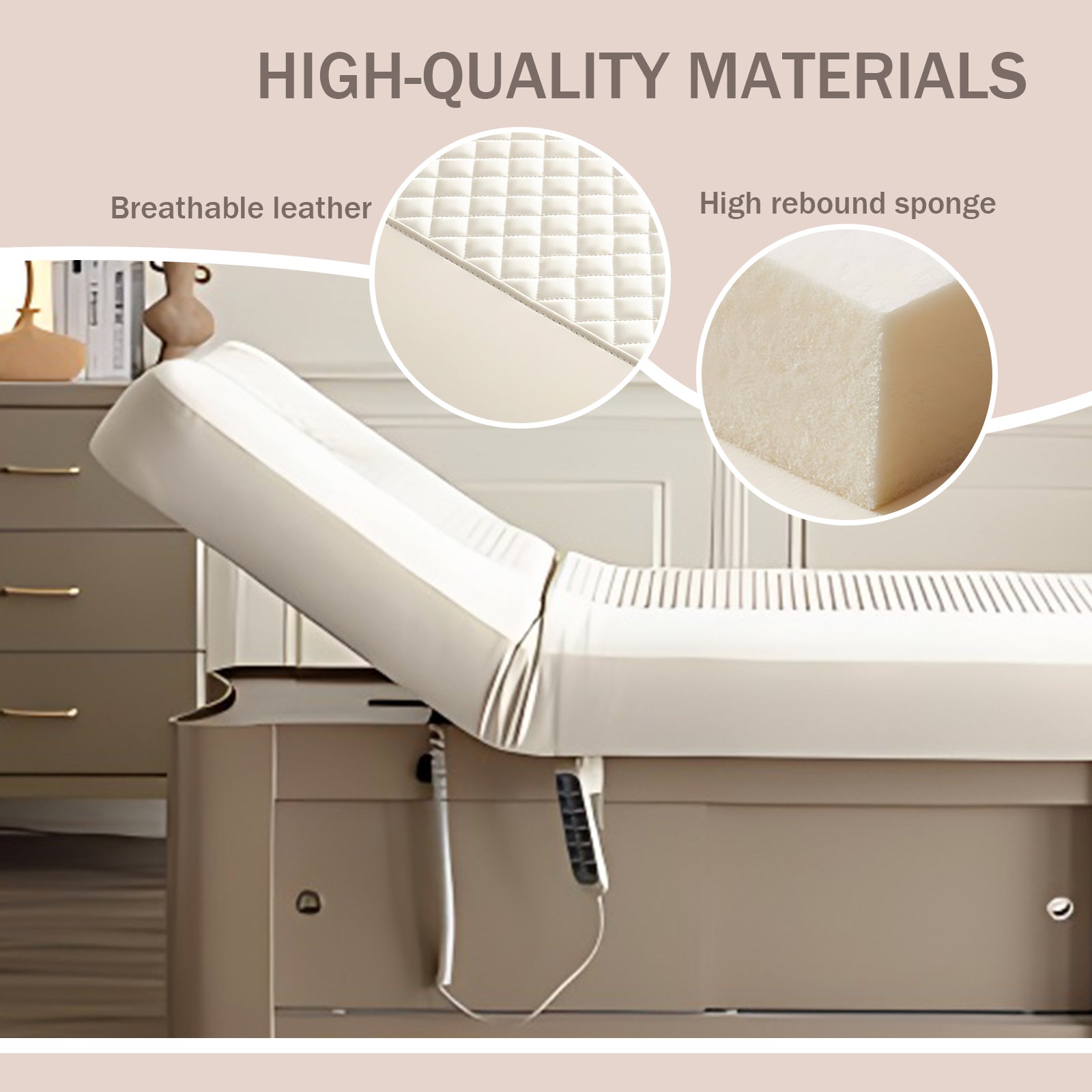 Beige Minimalist Style Spa Facial Treatment Bed Includes Multifunctional Adjustment USB Socket and Cabinets