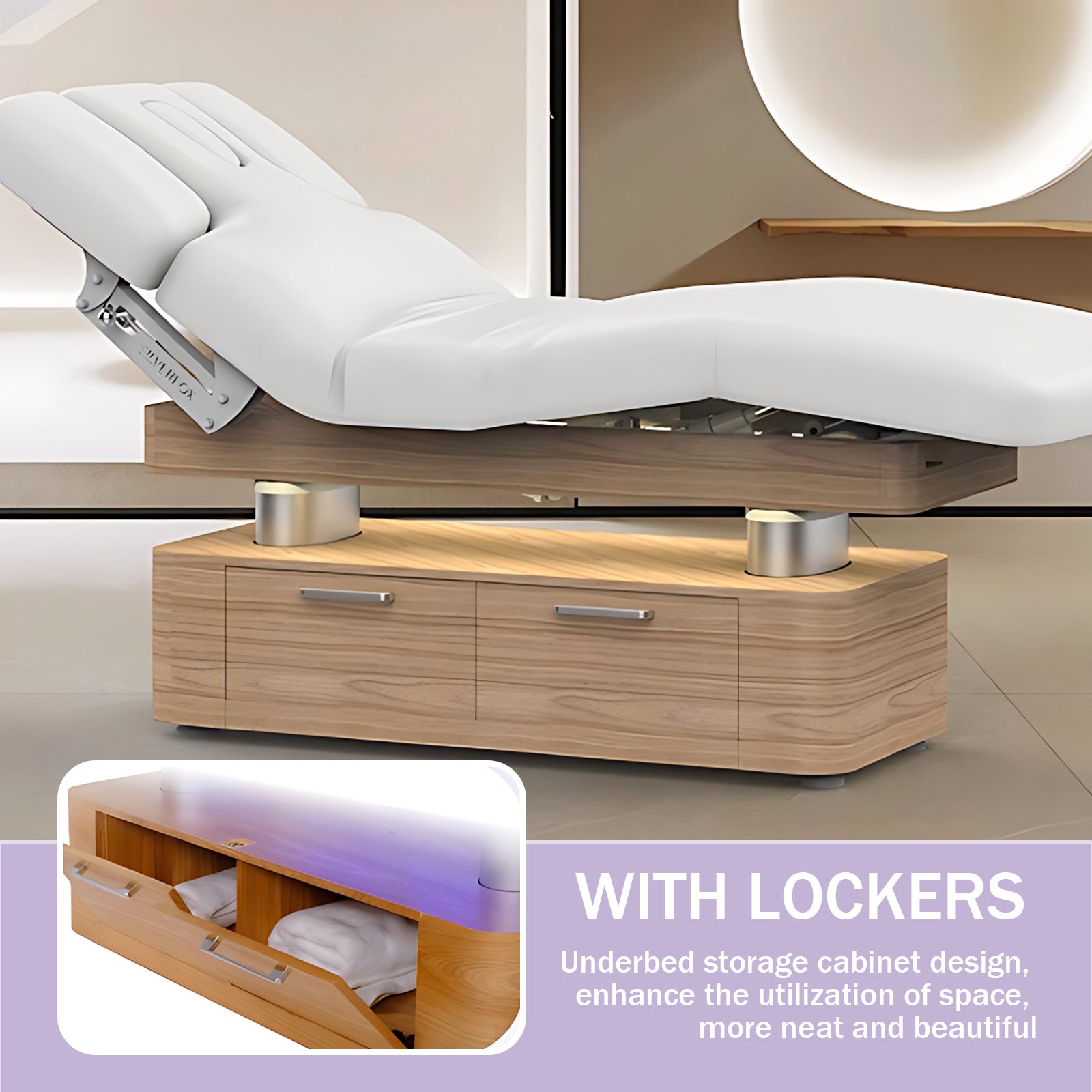 Electric Massage Table with Wooden Base with Ambient Light Multifunctional AdjustmentStorage Space