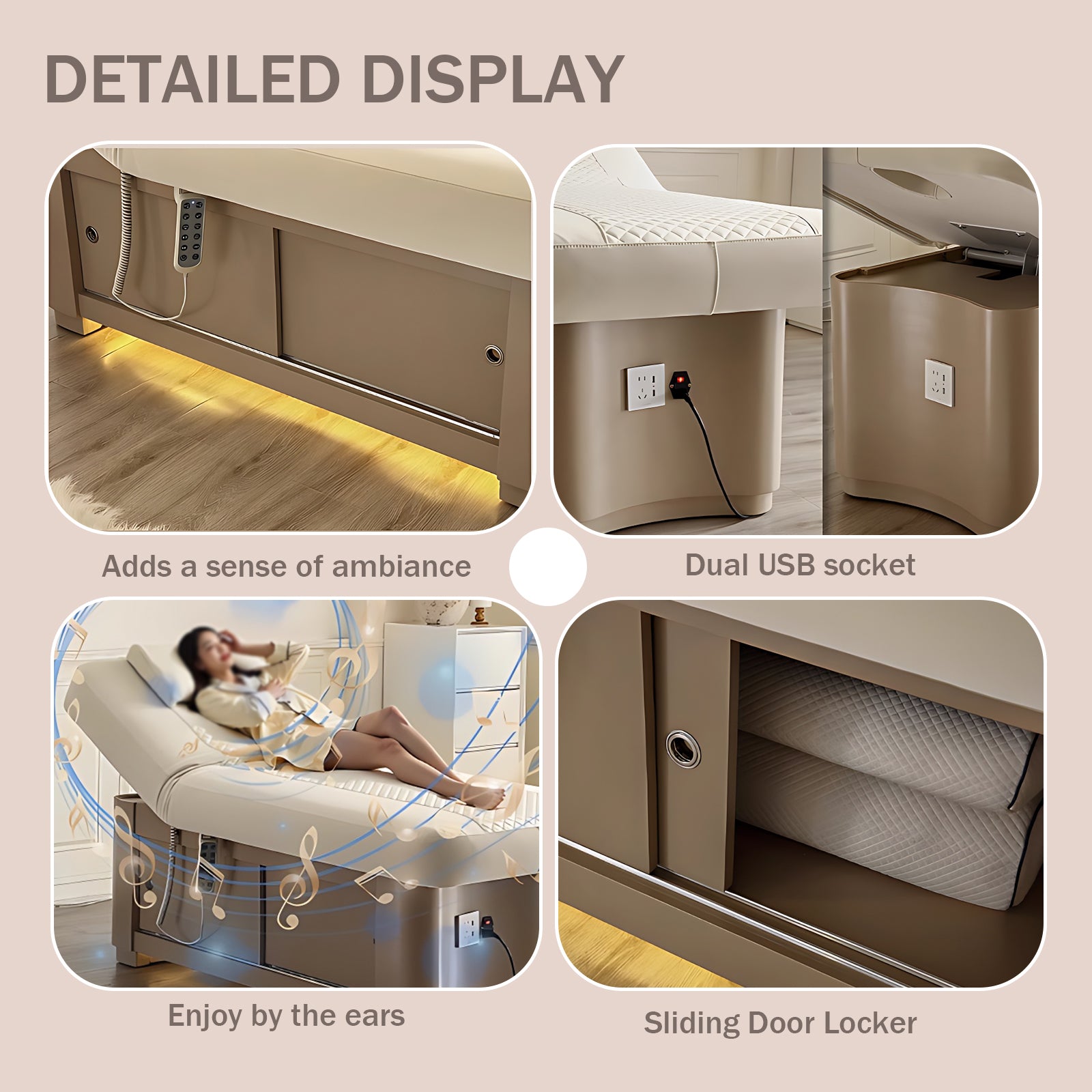 Beige Minimalist Style Spa Facial Treatment Bed Includes Multifunctional Adjustment USB Socket and Cabinets