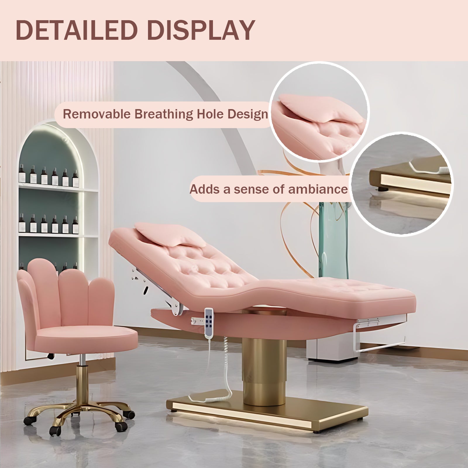 Electric Massage Table with Pink Luxury Design Spa Beauty Treatment Table with One-Button Lift& Chair Set Towel Racks