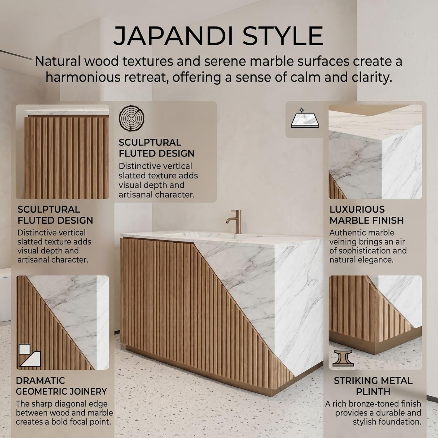 48''-96'' Modern Reception Desk with Marble Slab &Vertical Wood Slats