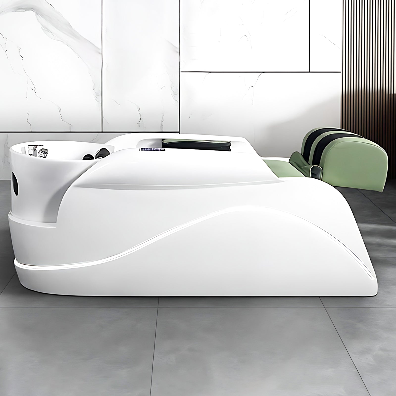 Stylish Green & White Shampoo Bed with Massage Function Modern Design