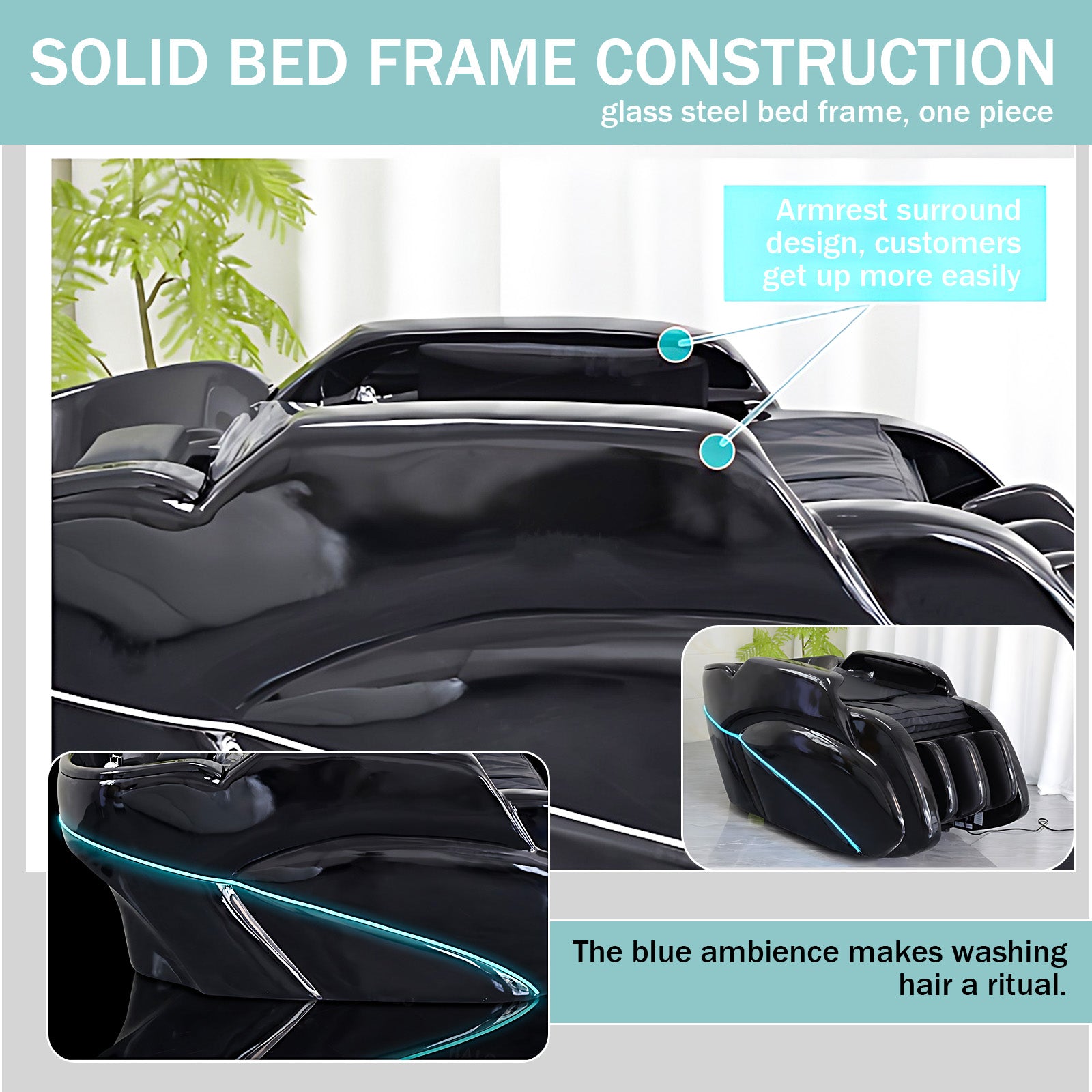 Modern Black Shampoo Bed with Advanced Massage System and LED Light