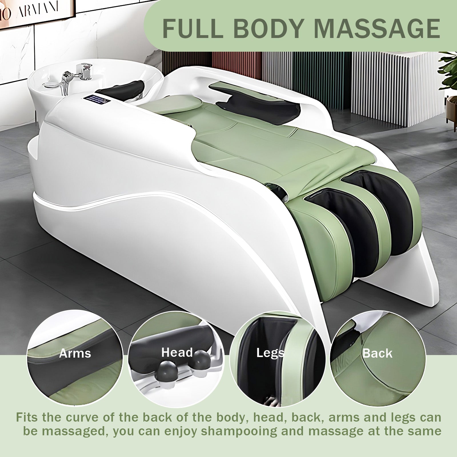 Stylish Green & White Shampoo Bed with Massage Function Modern Design