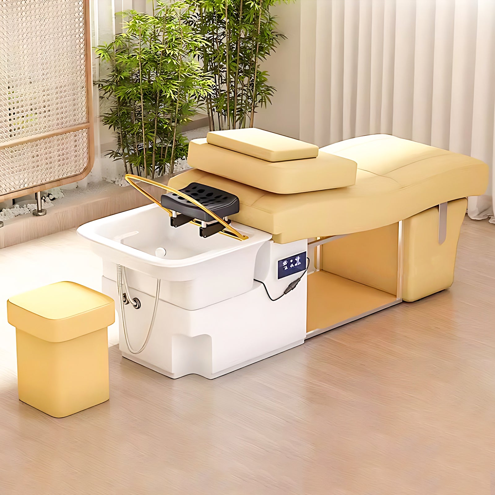 Hair Spa Bed with Warm Yellow S-Curve Design Includes Water Cycle Fumigation