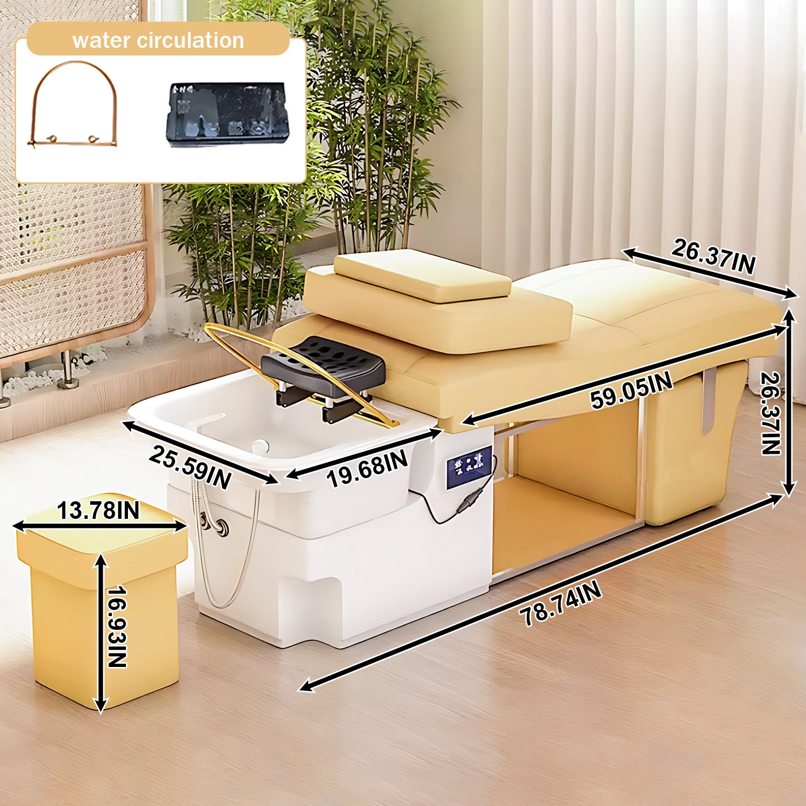 Hair Spa Bed with Warm Yellow S-Curve Design Includes Water Cycle Fumigation