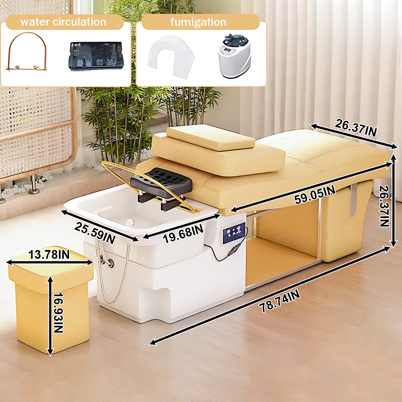 Hair Spa Bed with Warm Yellow S-Curve Design Includes Water Cycle Fumigation